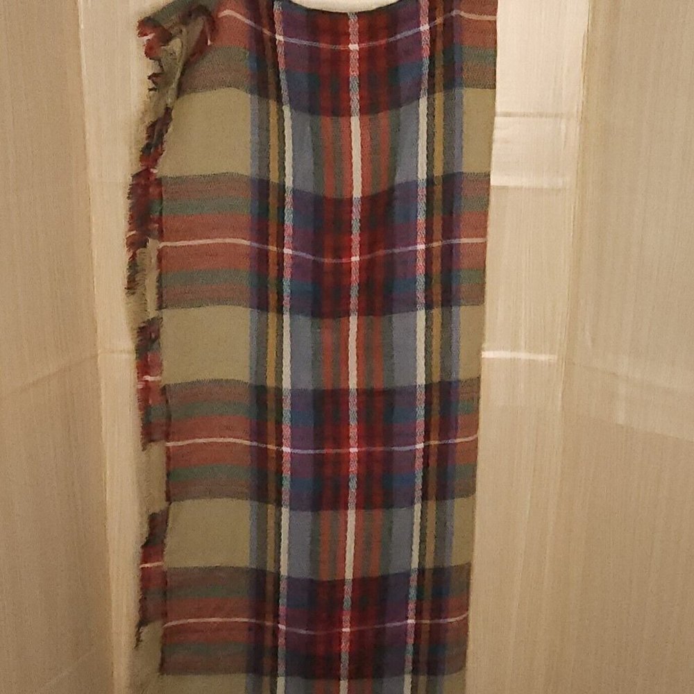 Women’s Tan Red Green Plaid Wool Feel Blanket Scarf